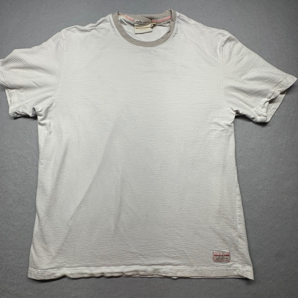 Scotch & Soda Mens XL Ribbed Short Sleeve T-Shirt Off White Crew Neck 1857651